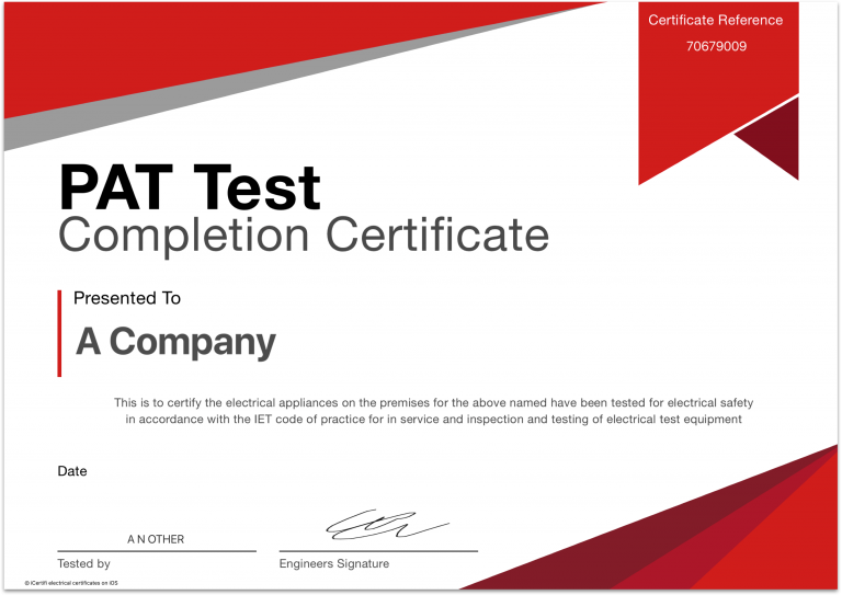 PAT Test Completion Certificate 3x iCertifi