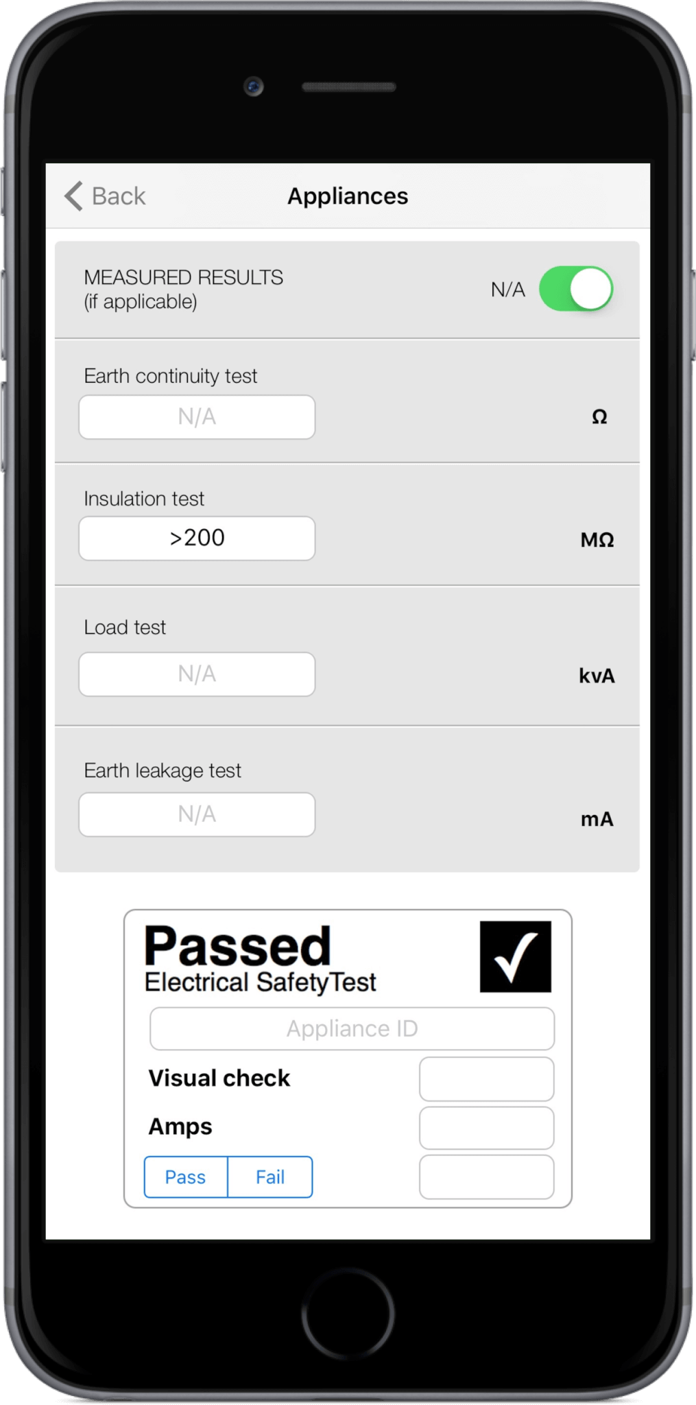 Pat Testing Appliance on iPhone