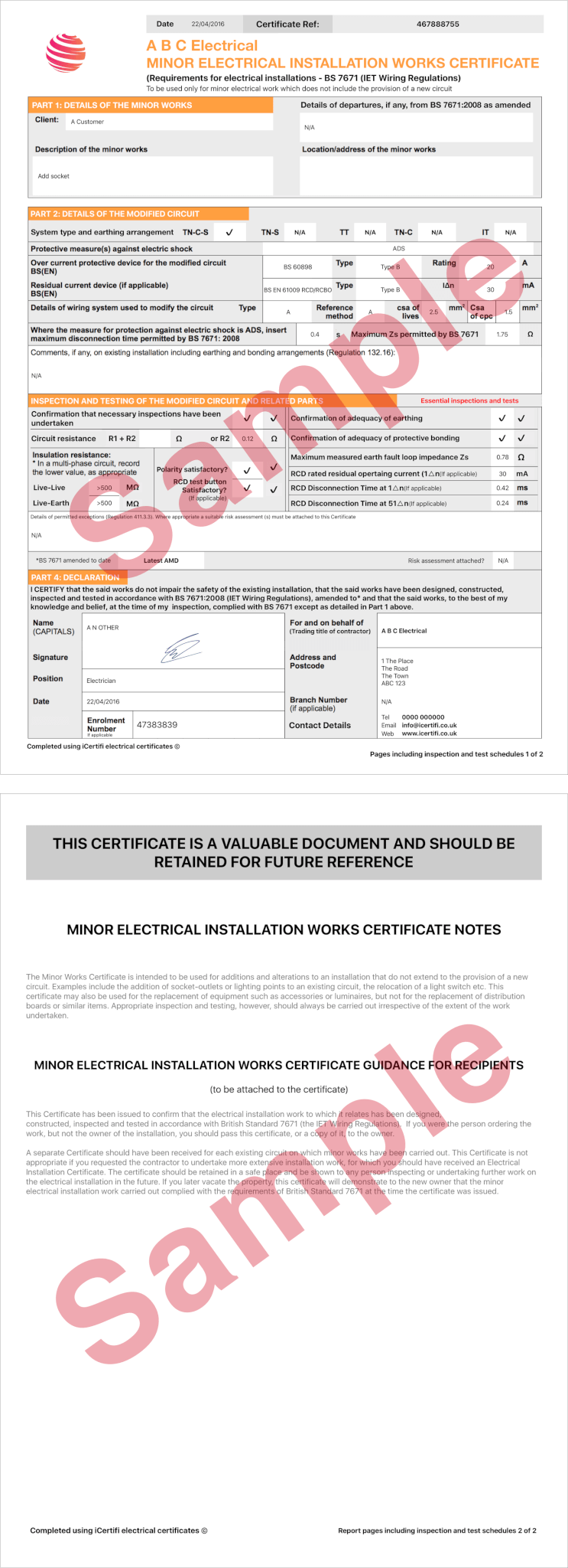 Electrical Certificate Example Minor Works Certificate ICertifi