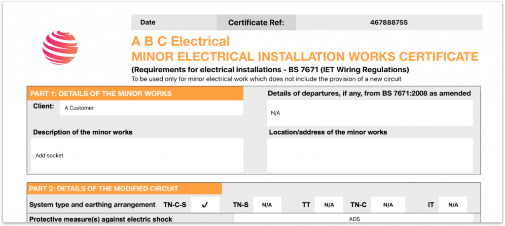 Electrical certificate Minor Works Section