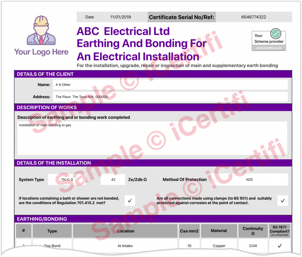 Electrical Earthing Bonding Certificate Example