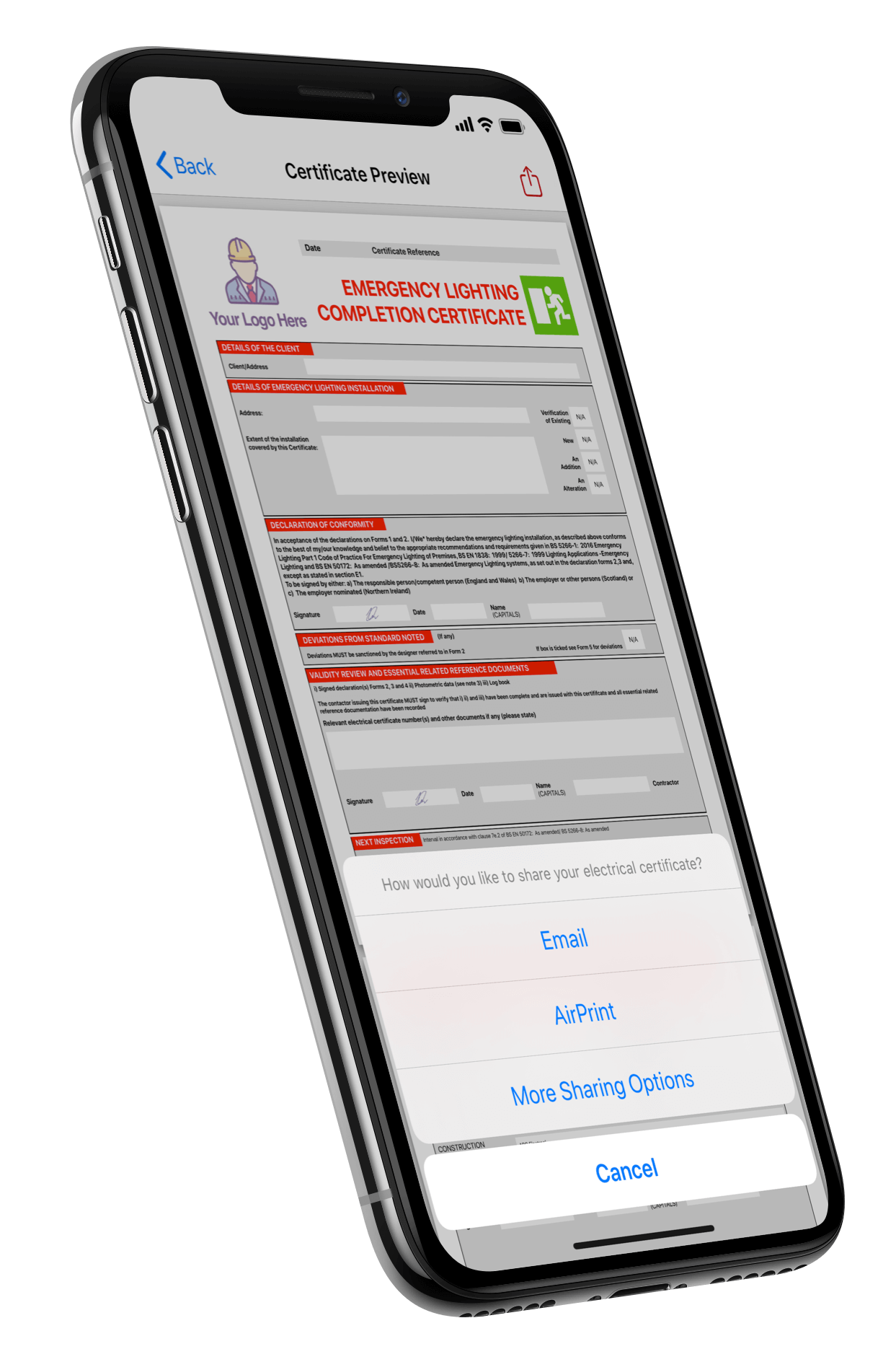 Emergency lighting certificate on iPhone