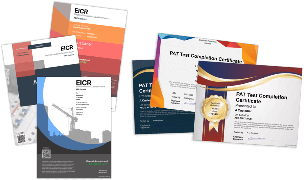 iCertifi EICR report cover designs printed as A4 PDF certificates