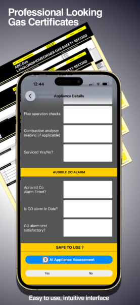 iPhone XS Max Copy 8 Gas appliance details section displayed in the Gas Cert digital certificate app