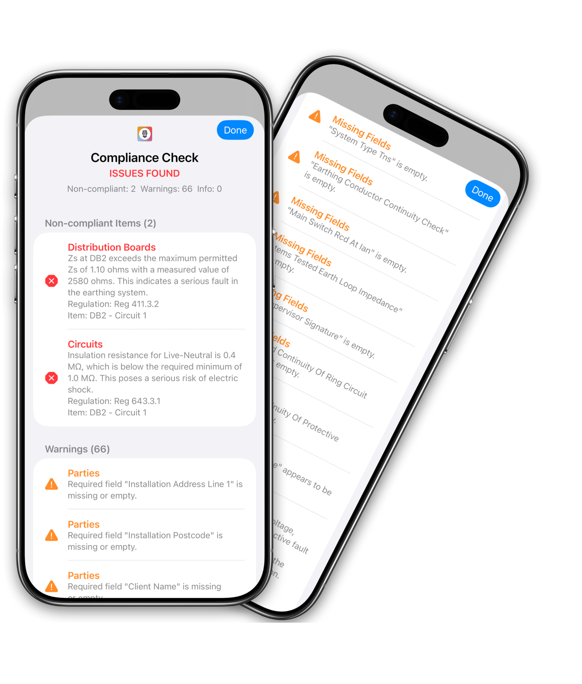 BS 7671 compliance check findings in iCertifi