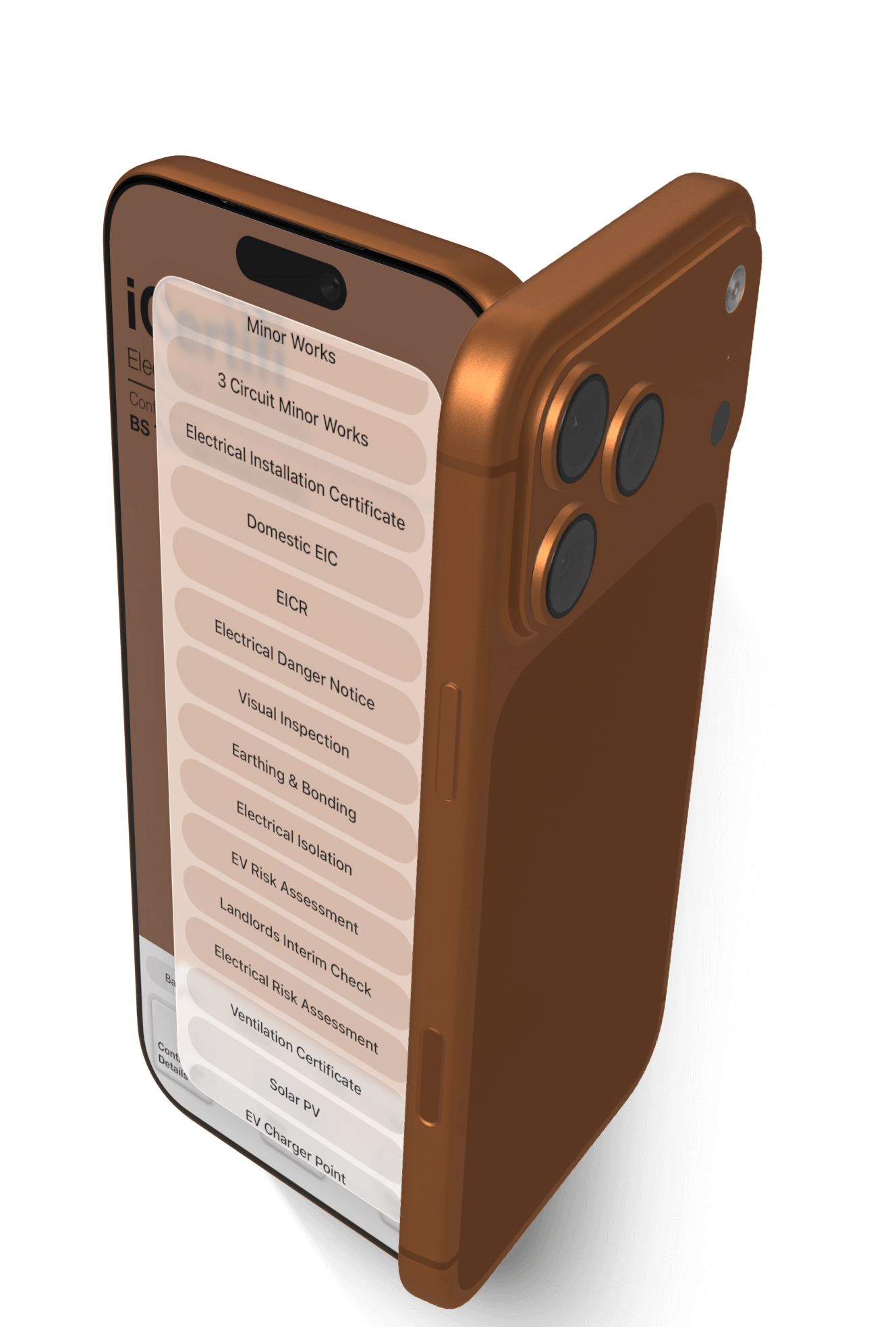 device-mockup@2x iphone displaying a digital app menu for electrical certificates including EICR, Minor Works, and Electrical Installation Certificates