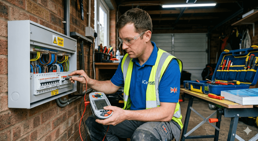 Electrician testing a fuseboard