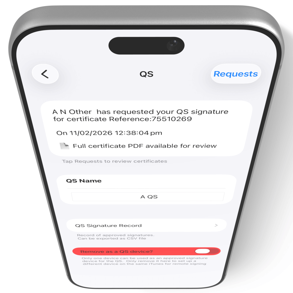 QS request screen in iCertifi Cloud Pro with the certificate to review and the QS signature record