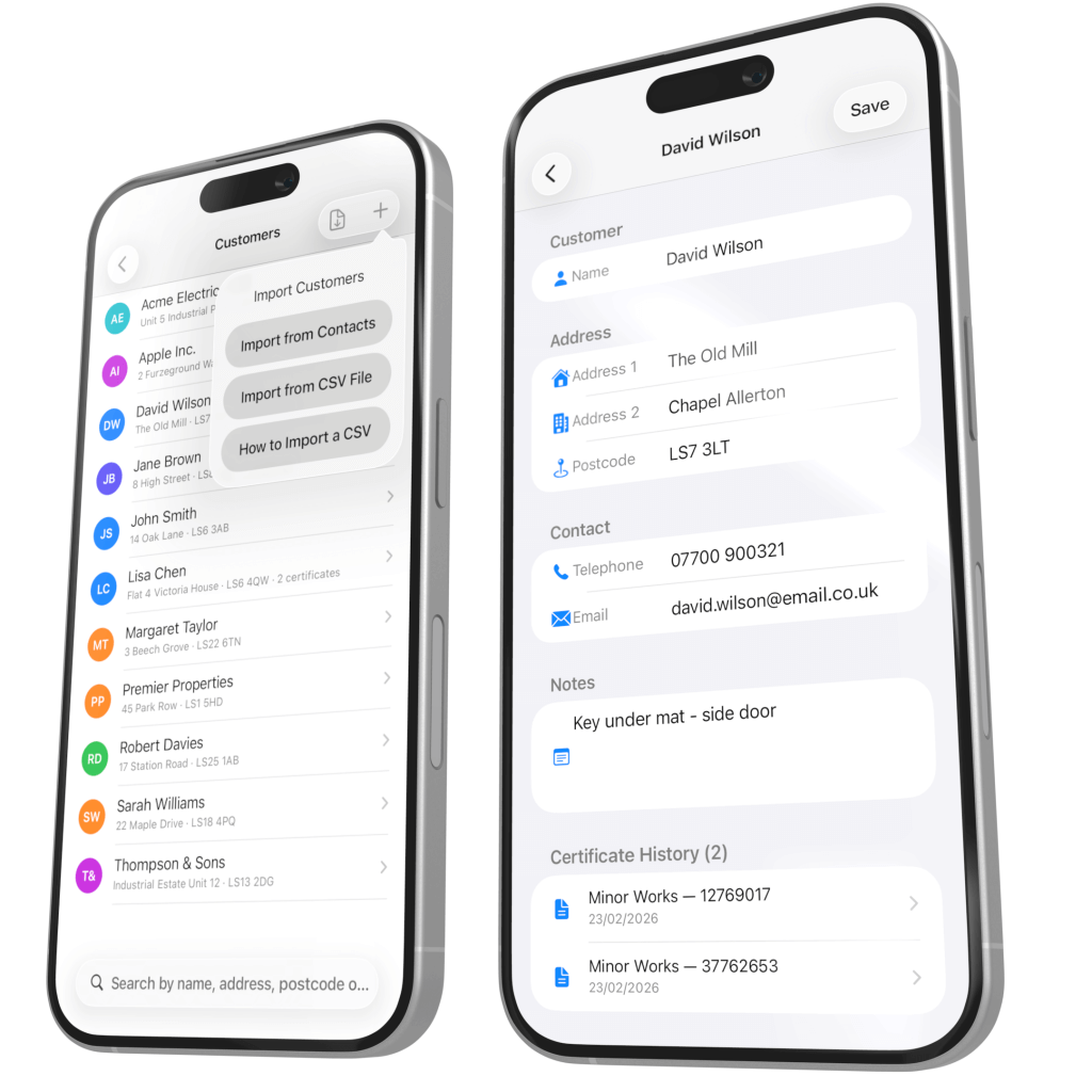 iCertifi Cloud Pro customer list and a customer record with certificate history