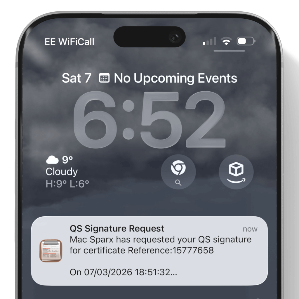 A QS signature request notification for an electrical certificate on the iPhone lock screen