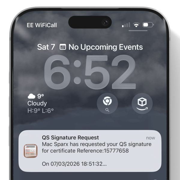 Rotato Image B090 QS notification for electrical certificate sign-off on iPhone