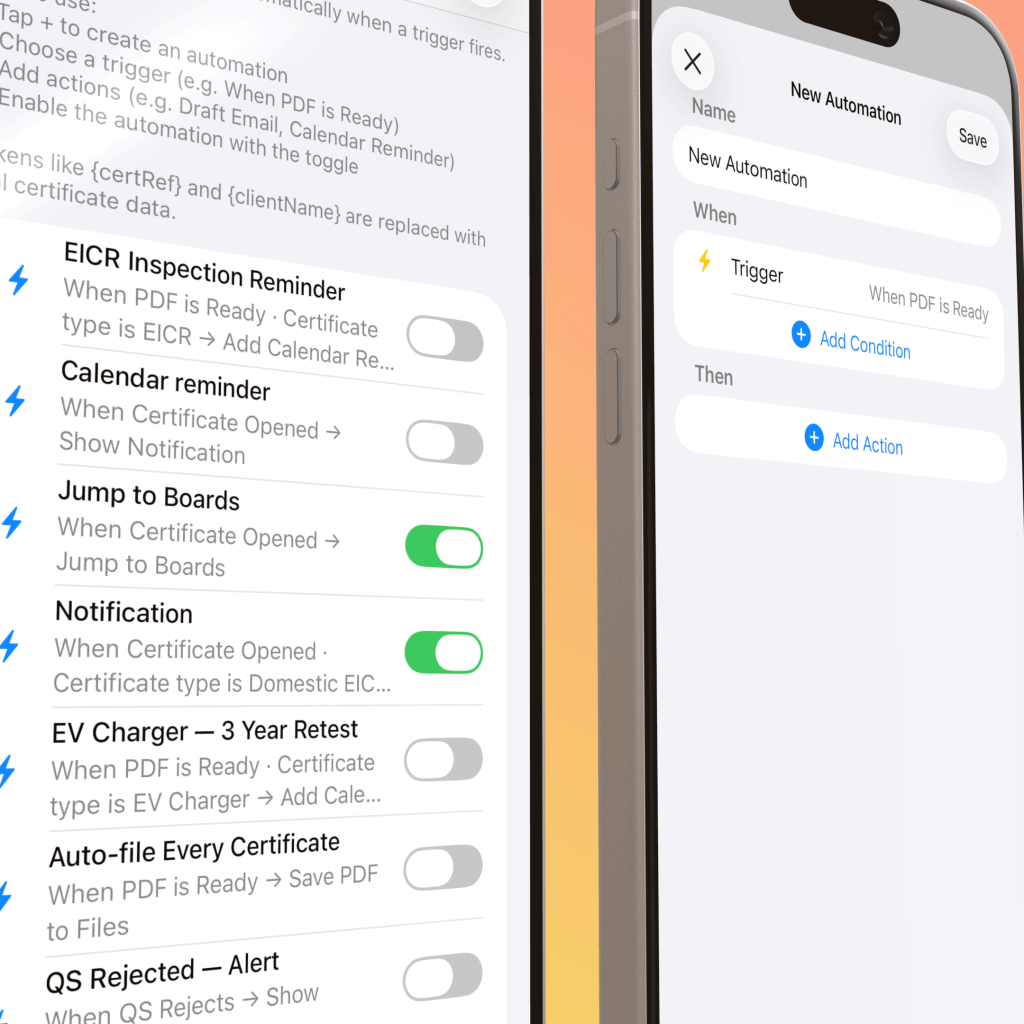 Certificate Automations list and the New Automation builder in iCertifi Cloud Pro