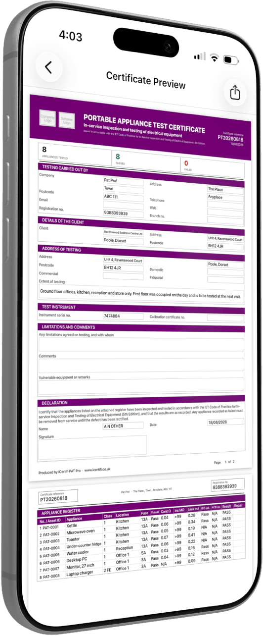 The redesigned PAT test certificate front page in PAT Test Pro, showing the tested, passed and failed summary above the appliance register