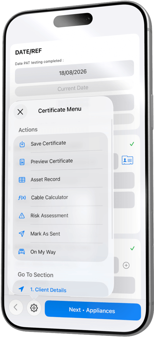 The redesigned certificate menu in PAT Test Pro, with Save Certificate, Preview Certificate, Asset Record and a Next button that names the screen it goes to