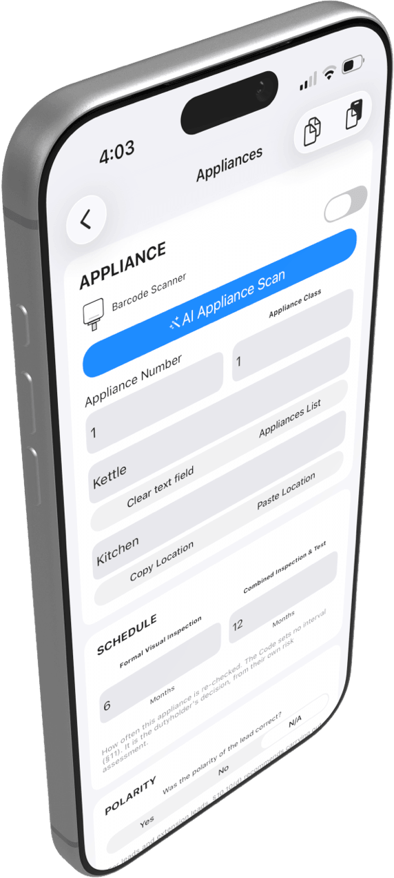 The rebuilt appliance entry screen in PAT Test Pro, with grouped cards, AI Appliance Scan and the retest schedule