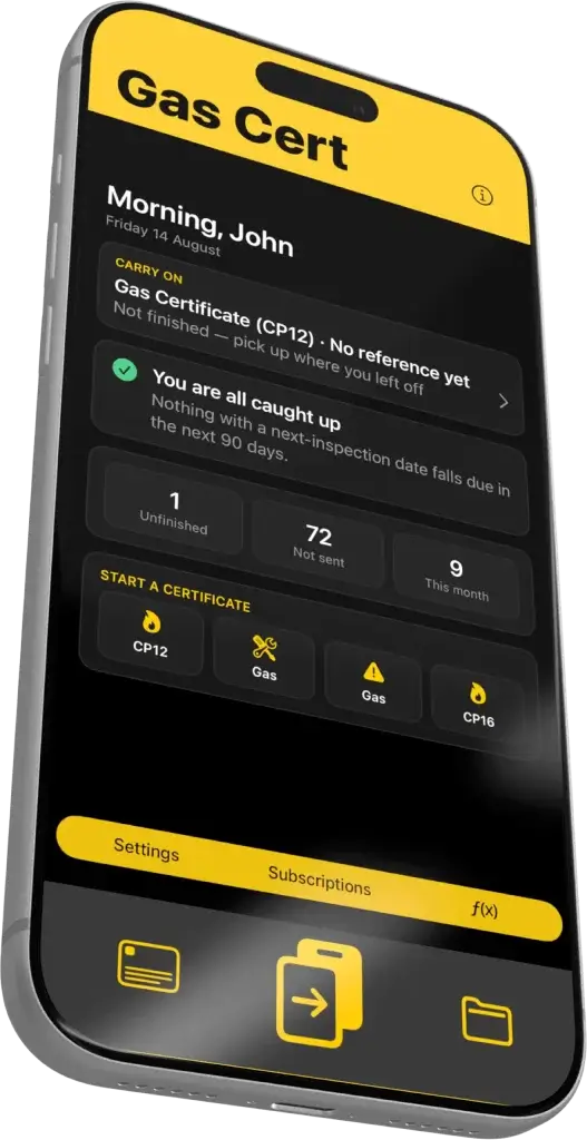 Rotato-Image-296B-Copy-v2 Gas Cert app on iPhone showing the engineer dashboard, with an unfinished CP12 to carry on and shortcuts to start a new certificate.