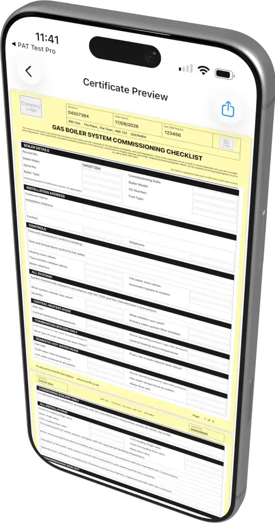 Rotato-Image-6627-Copy-v2 Gas Cert app on iPhone showing a preview of a completed gas boiler system commissioning checklist ready to share as a PDF.