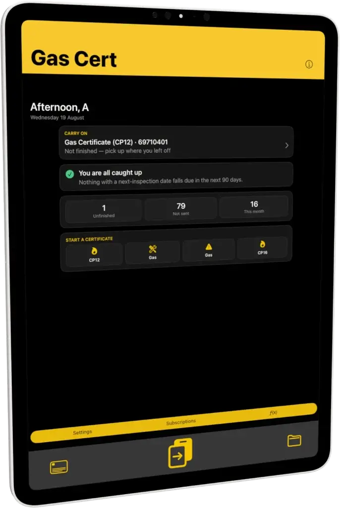 Rotato-Image-BE8E-Copy-v2 Gas Cert app on iPad showing the engineer dashboard with an unfinished CP12, certificates not yet sent and the month total.