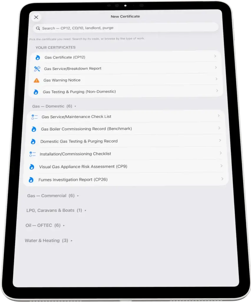 Rotato-Image-BF61-Copy-v2 Gas Cert app on iPad showing the certificate picker, including CP12, gas warning notice, CP16 and OFTEC oil forms.
