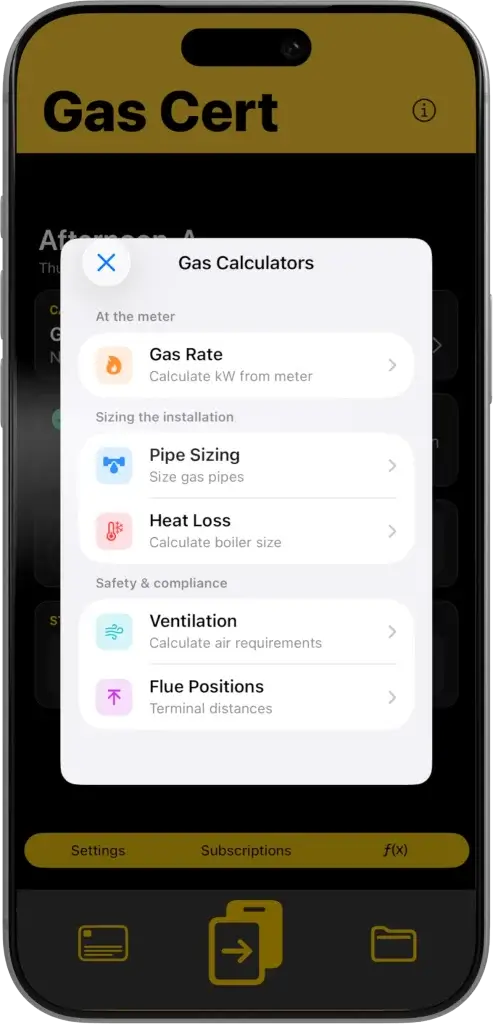Rotato-Image-D0A7-Copy-v2 Gas Cert app on iPhone showing gas calculators for gas rate, pipe sizing, heat loss, ventilation and flue terminal positions.
