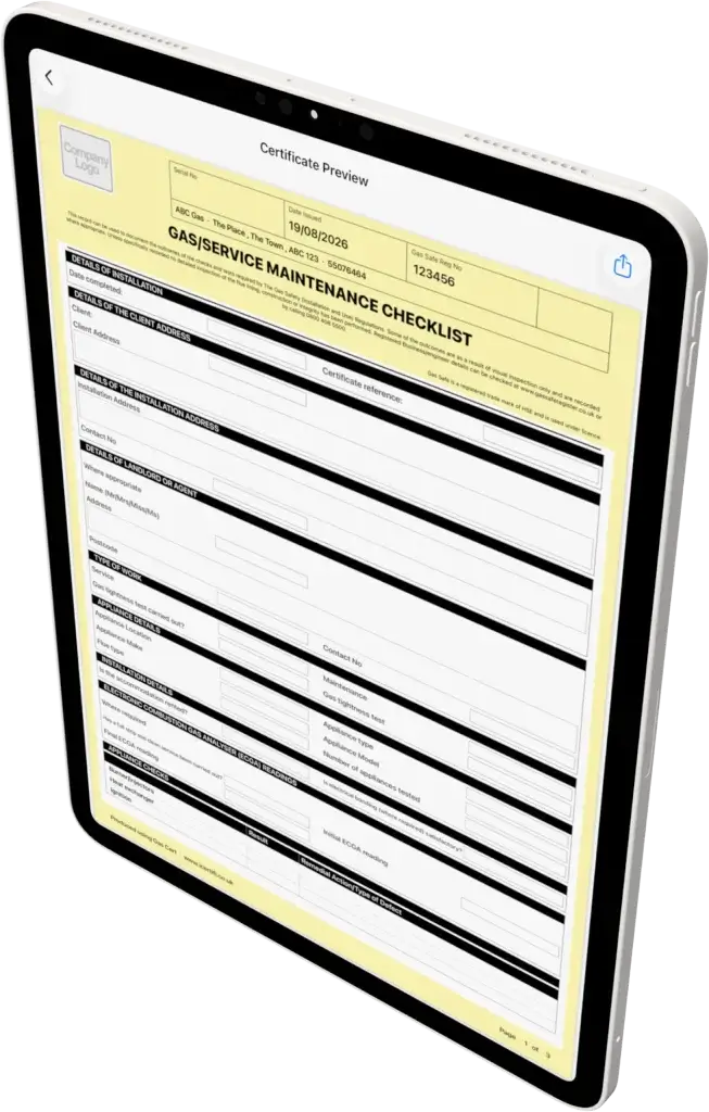 Rotato-Image-E17E-Copy-2-v2 Gas Cert app on iPad showing a preview of a completed gas service and maintenance checklist before it is sent to the customer.