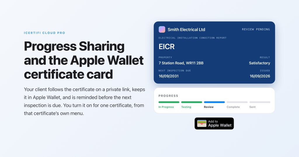 Apple Wallet certificate card and progress strip from iCertifi Cloud Pro Progress Sharing