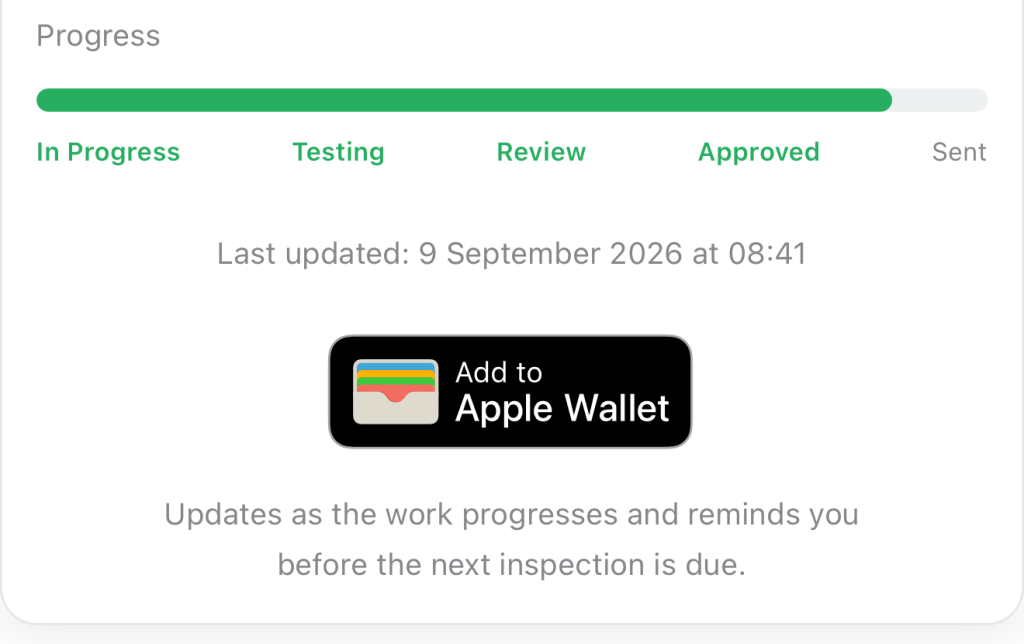 The Add to Apple Wallet badge on a client's certificate progress page from iCertifi Cloud Pro