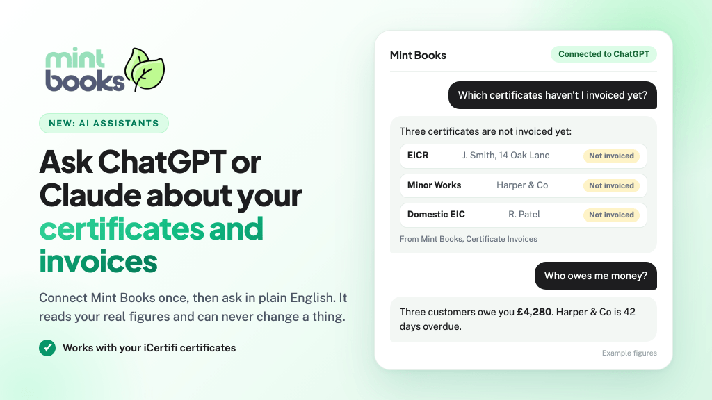 Mint Books connected to ChatGPT, listing iCertifi certificates that have not been invoiced yet