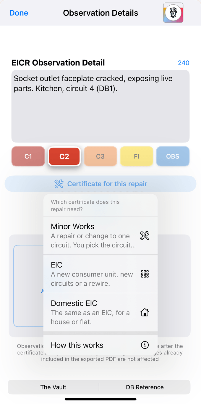 Certificate for this repair menu on a C2 EICR observation in iCertifi: Minor Works, EIC or Domestic EIC