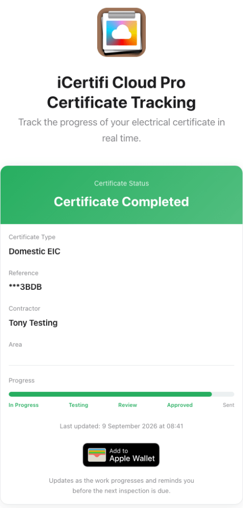 Certificate progress page a client sees, showing status, certificate type, masked reference, the five stages and Add to Apple Wallet