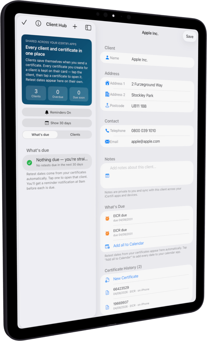 Client Hub client list and client card on iPad