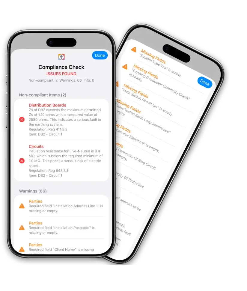 BS 7671 compliance check findings in iCertifi