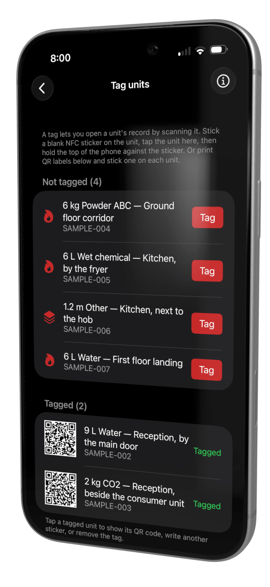 The Tag units screen in Fire Safe, listing untagged extinguishers each with a Tag button and tagged units showing the QR code written to them