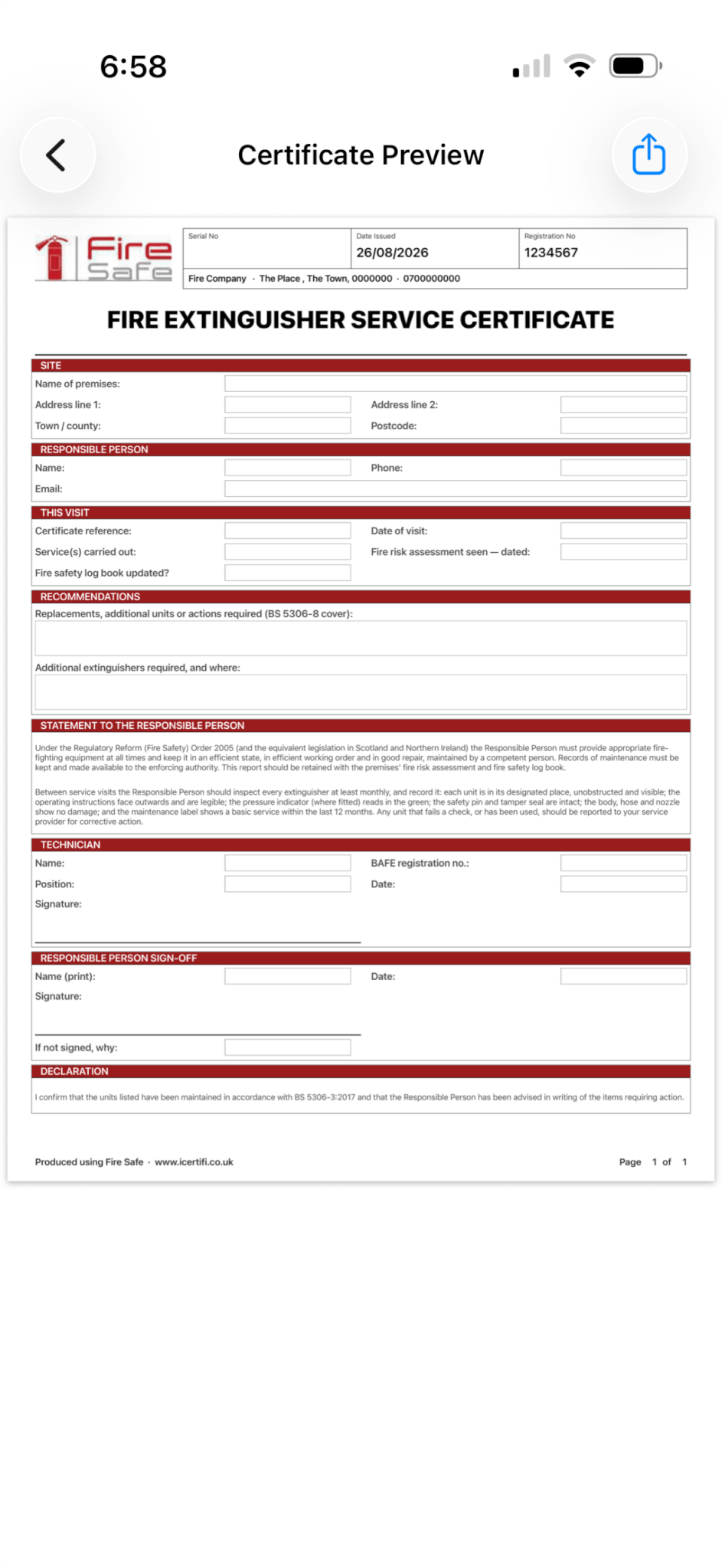 Fire extinguisher service certificate PDF