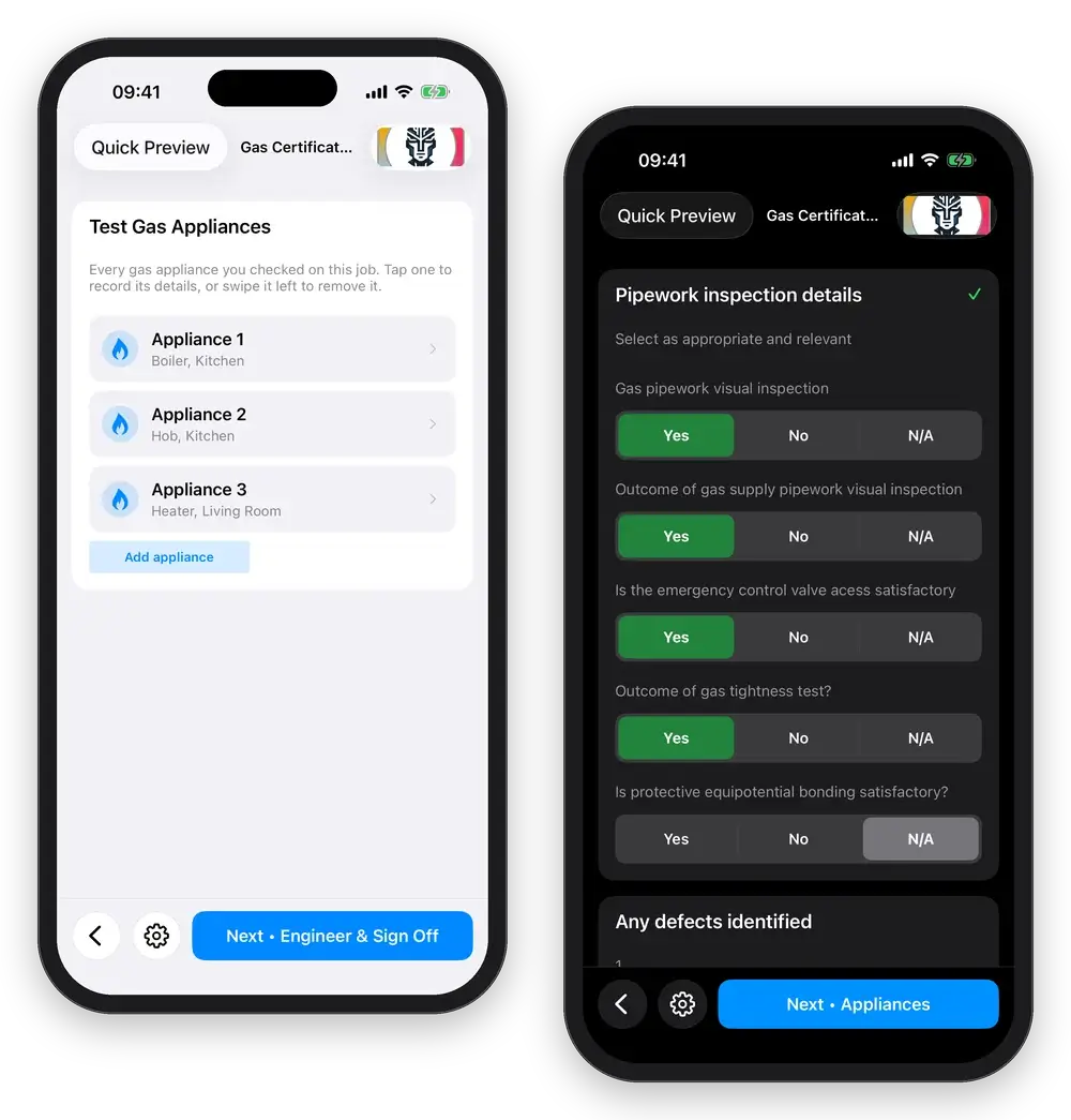 Gas Cert on iPhone: the gas appliances on a CP12, and the pipework checks in Dark Mode