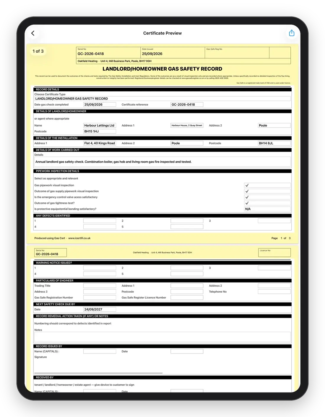 Gas Cert on iPad: preview of a finished landlord gas safety record (CP12) ready to email as a PDF