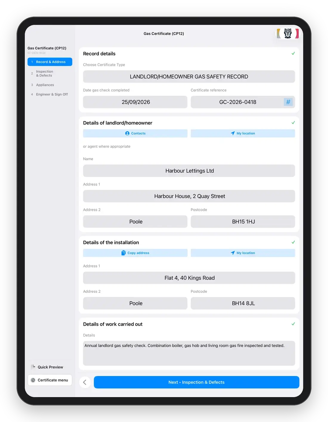 Gas Cert on iPad: a CP12 gas safety record with the checklist sidebar for jumping between sections