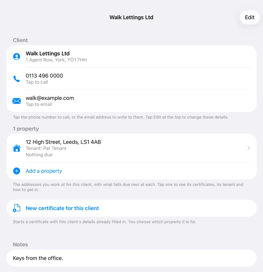 Gas Cert Client Hub: a letting agent client with phone and email, their property and tenant, and New certificate for this client