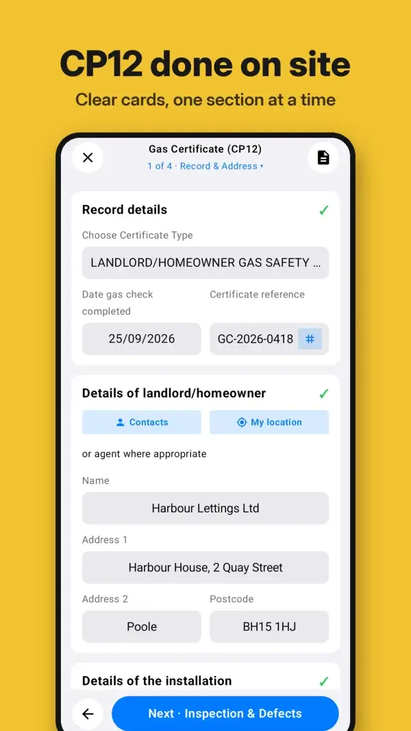 Gas Cert for Android: a CP12 gas safety record filled in on an Android phone, one section at a time