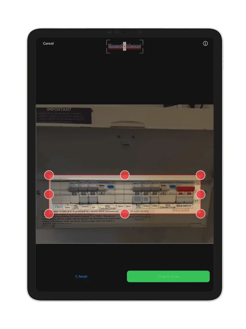 iCertifi Board Vision scanning a live distribution board on iPad