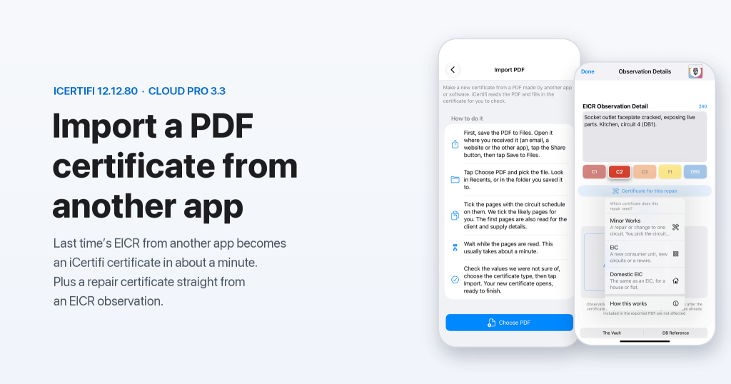 Import a PDF certificate from another app in iCertifi 12.12.80 and Cloud Pro 3.3: the Import PDF screen and the Certificate for this repair menu on iPhone