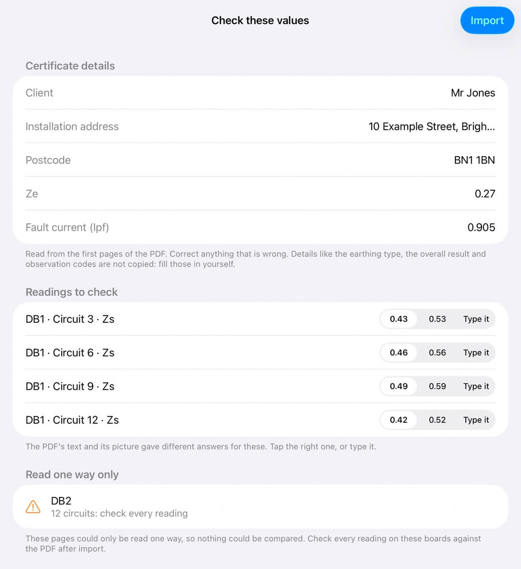 The Check these values screen in iCertifi on iPad: client and supply details read from the PDF, four Zs readings where the picture and text gave different answers, and a board read one way only