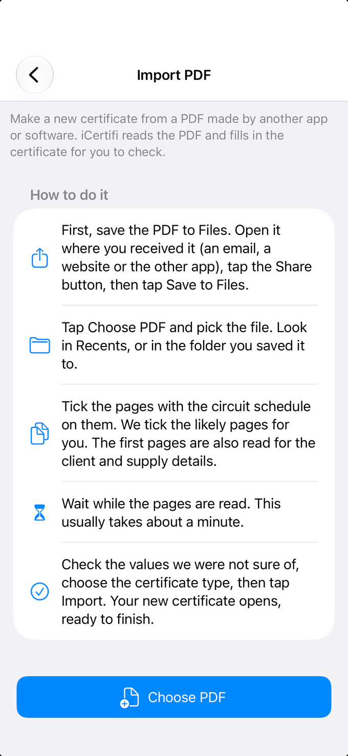 Import PDF screen in iCertifi on iPhone: save the PDF to Files, choose it, tick the schedule pages, then check the values before import