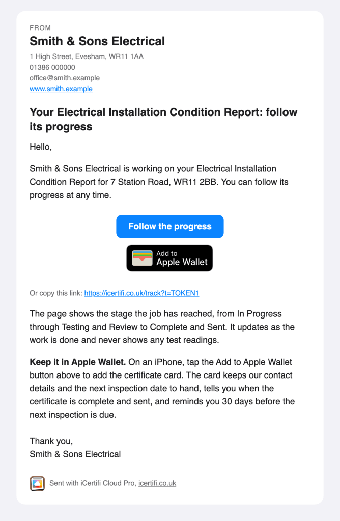 Progress Sharing email to a client, with the firm details, Follow the progress and the Add to Apple Wallet badge