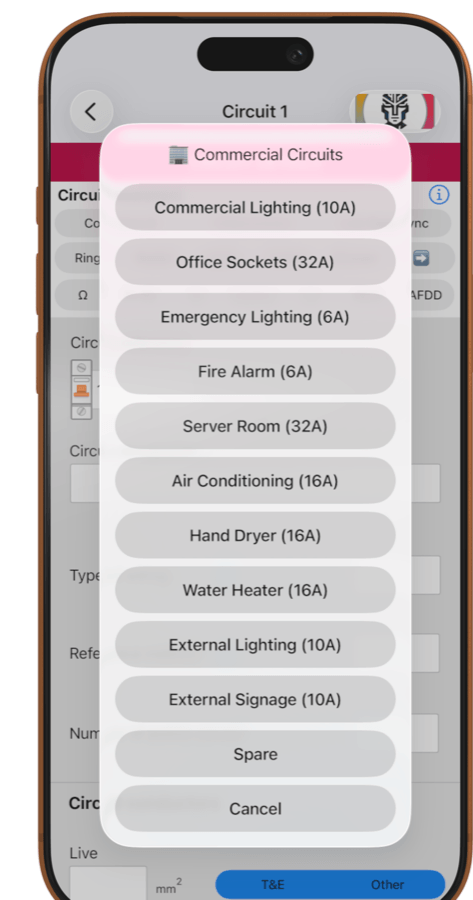 Quick fill circuit picker listing commercial circuits