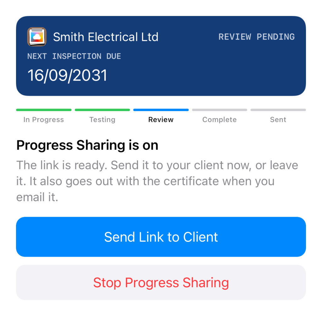 Progress Sharing turned on in iCertifi Cloud Pro, with Send Link to Client and Stop Progress Sharing