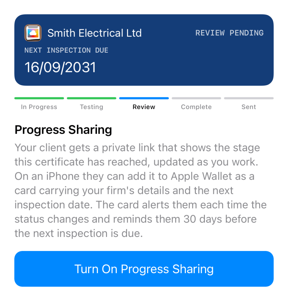 Turn On Progress Sharing sheet in iCertifi Cloud Pro, with the certificate card preview and the five stages