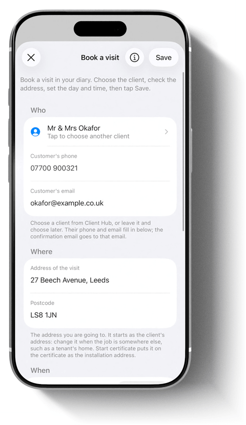 Book a visit in iCertifi Cloud Pro: the client from Client Hub, their phone and email, and the address of the visit