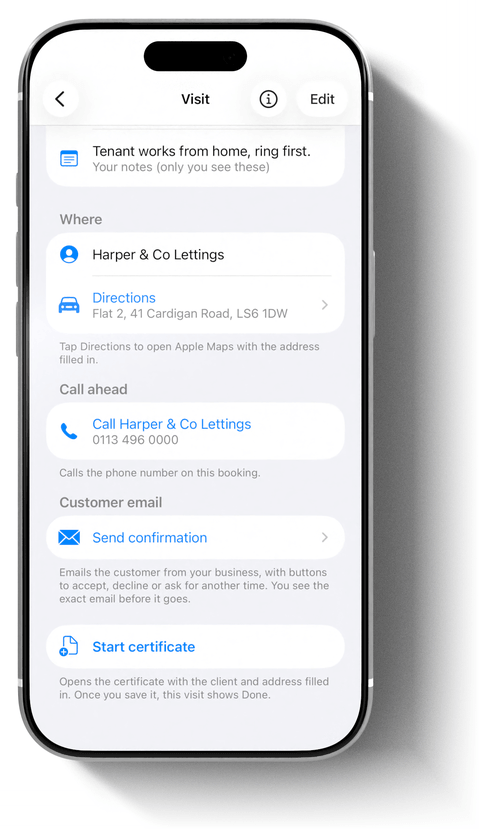 A booked visit in iCertifi Cloud Pro with Send confirmation and Start certificate