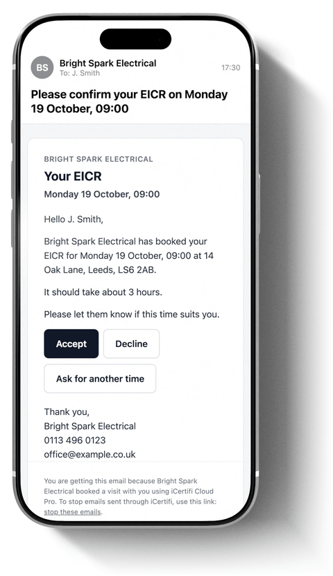 The confirmation email a customer gets, with Accept, Decline and Ask for another time buttons